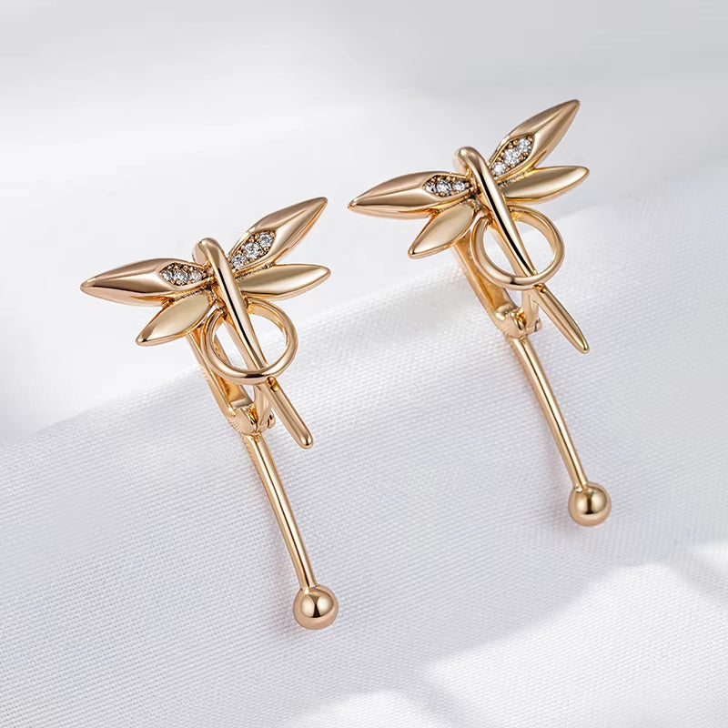 Fashion Glossy Dragonfly Long Drop Earrings for Women 585 Rose Gold Color Natural Zircon Accessories Daily Fine Jewelry